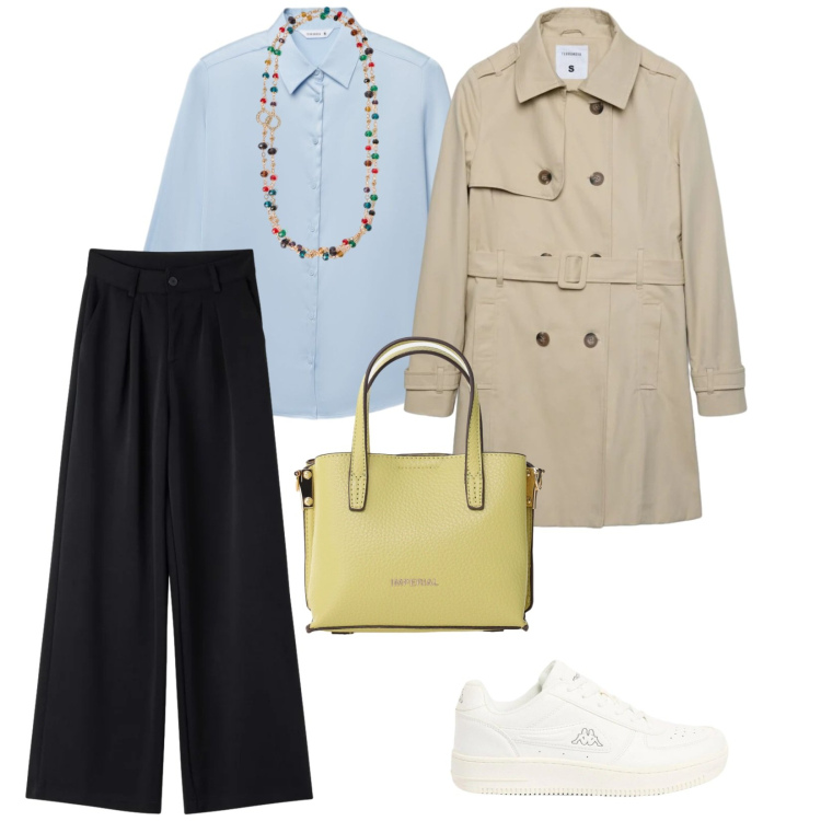 Outfit donna - Maggio. per Tutti i giorni. Abbinamento con sneakers, pantaloni, camicie, trench, borse a tracolla, collane.