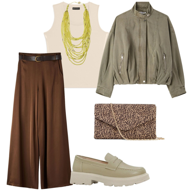 Outfit donna - Collana verde. per Tutti i giorni. Abbinamento con mocassini, clutch, bomber, pantaloni, collane, canottiere.