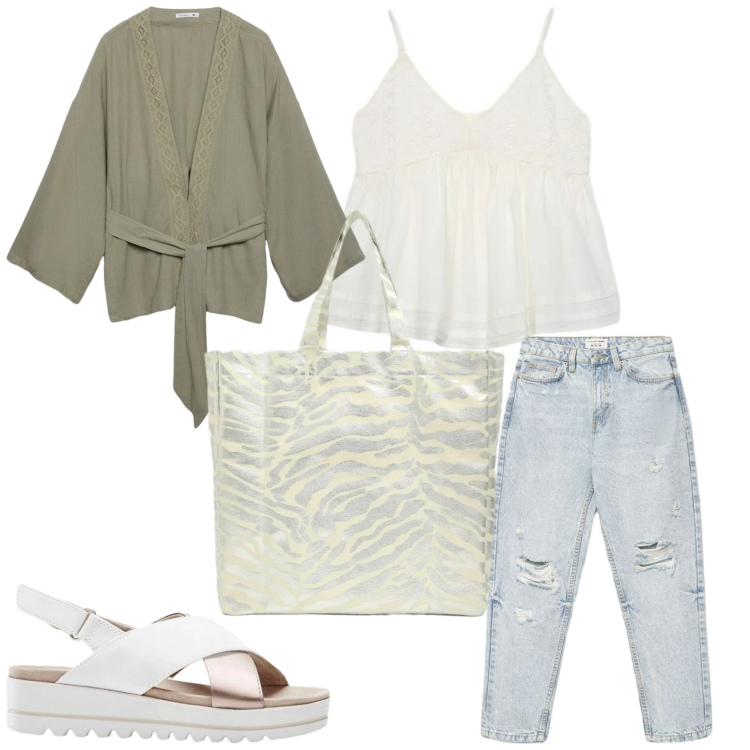 Outfit donna - Denim chiaro di primavera. Stile Boho per Tutti i giorni. Abbinamento con sandali, jeans mom, shopping bag, kimono, canottiere.
