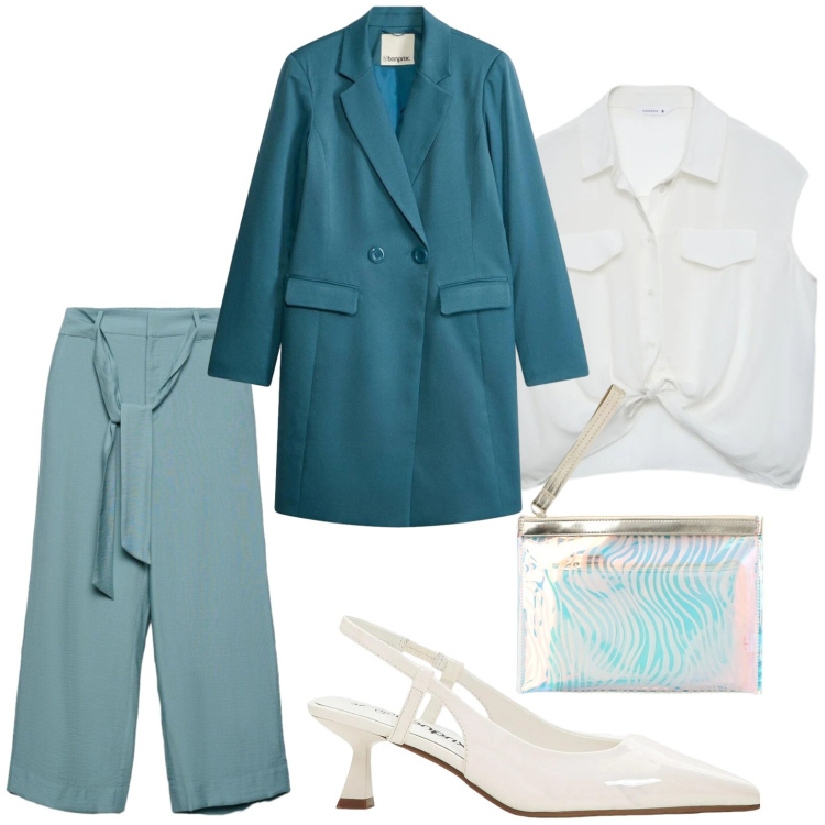 Outfit donna - Elegante. Stile Glamour per Ufficio. Abbinamento con décolleté, blazer, pochette, pantaloni a palazzo, camicie a manica corta.