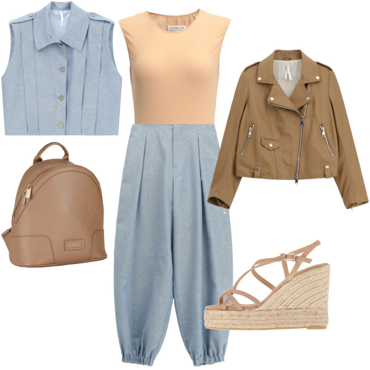 Outfit donna - Armocromia estate soft. Stile Casual chic per Tutti i giorni. Abbinamento con zaini, body, espadrillas, pantaloni, gilet, giacche.