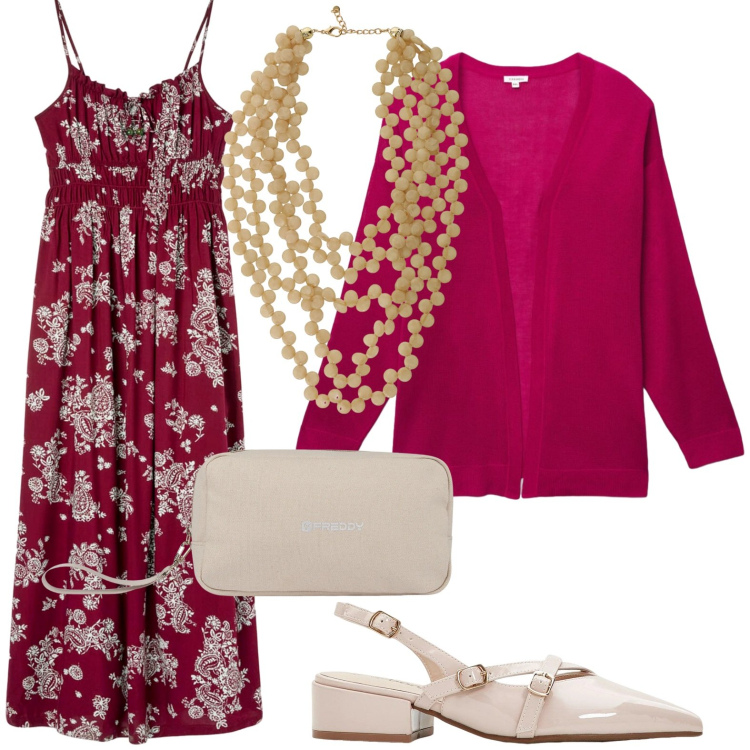 Outfit donna - Cascata di perle. Stile Casual per Tutti i giorni. Abbinamento con décolleté, vestiti lunghi, cardigans, collane, valigie.