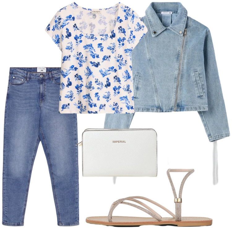 Outfit donna - T-shirt floreale. Stile Casual per Tutti i giorni. Abbinamento con maglieria, sandali, jeans skinny, cappotti, borse a tracolla.