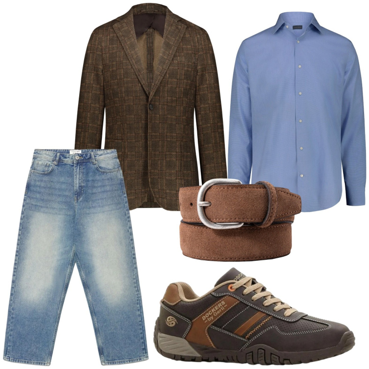 Outfit uomo - Casual. Stile Casual per Ufficio. Abbinamento con sneakers, jeans dritti, giacche, camicie, cinture.