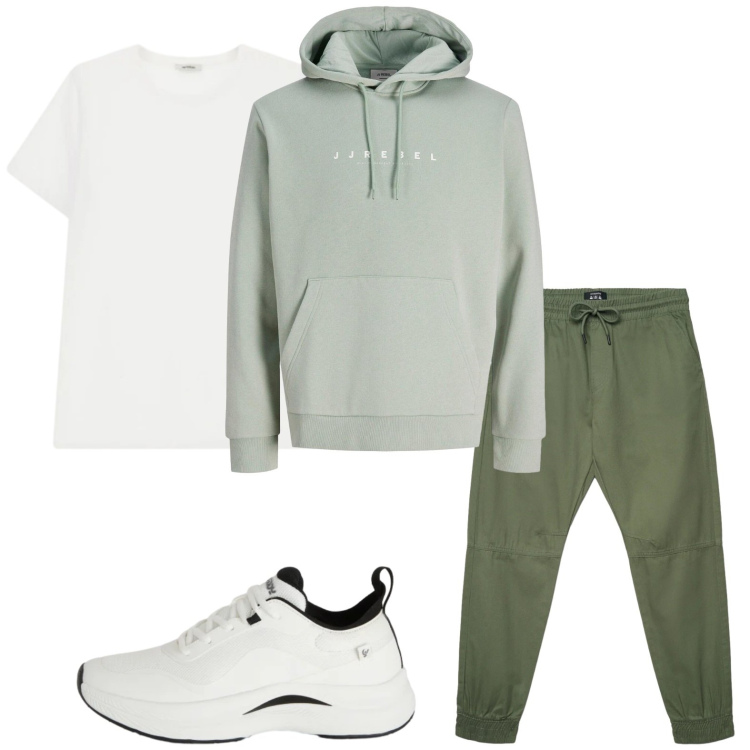 Outfit uomo - Tempo libero. Stile Casual per Tutti i giorni. Abbinamento con felpe con cappuccio, pantaloni, t-shirt, sneakers.