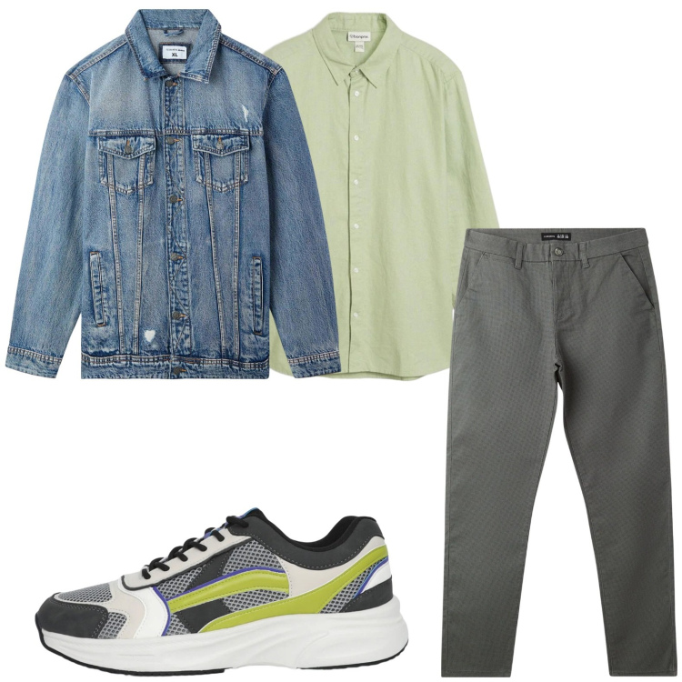 Outfit uomo - Giacca in denim. Stile Trendy per Tutti i giorni. Abbinamento con camicie, pantaloni chino, giacche, sneakers.