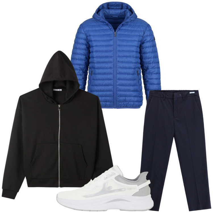Outfit uomo - Tempo libero. Stile Casual per Tutti i giorni. Abbinamento con felpe con cappuccio, pantaloni, sneakers, piumini.