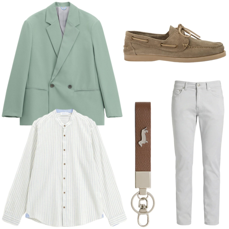 Outfit uomo - Blazer acquamarina. Stile Trendy per Ufficio. Abbinamento con camicie, giacche, portachiavi, pantaloni, scarpe stringate.