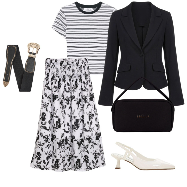 Outfit donna - Fiori e righe. per Ufficio. Abbinamento con décolleté, gonne longuette, cinture, t-shirt, blazer, borse a mano.