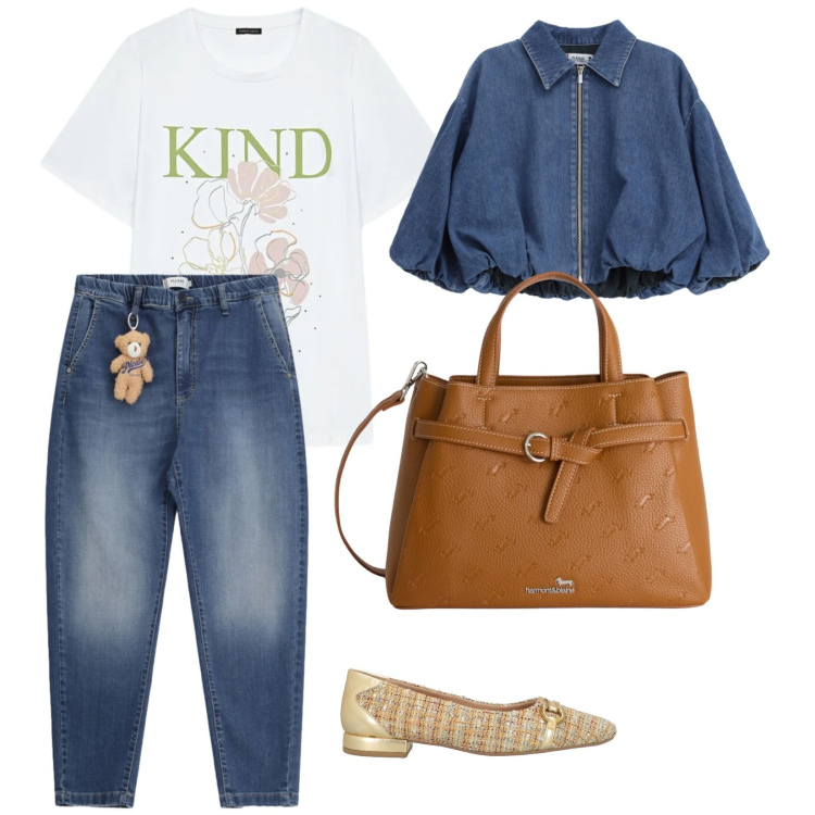 Outfit donna - Denim. per Tutti i giorni. Abbinamento con ballerine, t-shirt, jeans, blazer, borse a mano.