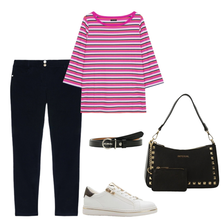 Outfit donna - Università. Stile Casual per Scuola/Università. Abbinamento con sneakers, jeans skinny, t-shirt, borse a spalla, cinture.