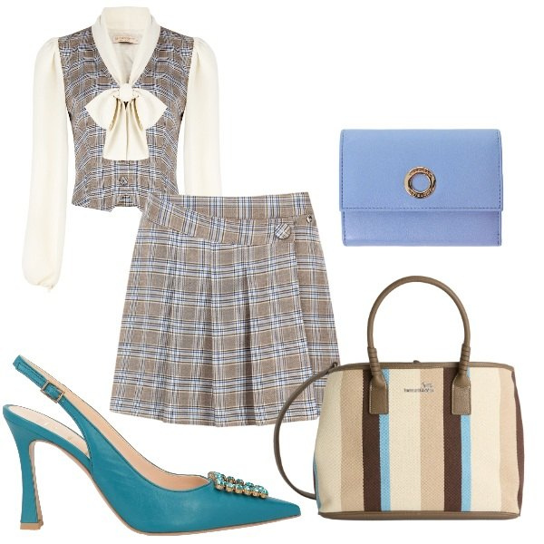 Outfit donna - completo a quadretti. Stile Bon Ton per Tutti i giorni. Abbinamento con décolleté, portafogli, bluse, gonne, shopping bag.