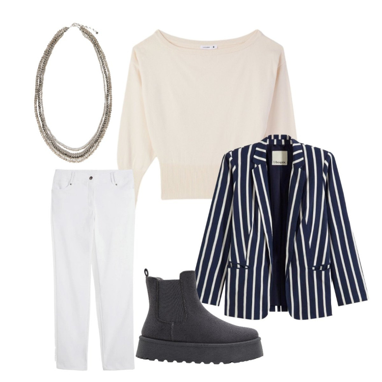 Outfit donna - Raffinata per il diciottesimo. Stile Casual chic per Cerimonia. Abbinamento con pantaloni, stivaletti chelsea, blazer, pullovers, collane.