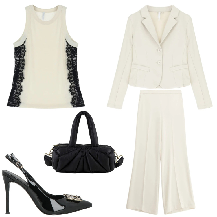 Outfit donna - Beige et Noir. Stile Chic per Cerimonia. Abbinamento con décolleté, top, pantaloni a palazzo, blazer, borse a mano.