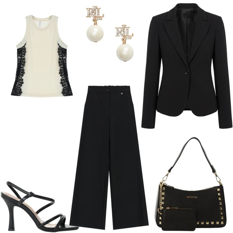 Outfit donna - Il Contrasto Audace tra Ecru\' e Nero. Stile Trendy per Cerimonia. Abbinamento con top, borse a spalla, sandali col tacco, blazer, pantaloni a palazzo, orecchini.