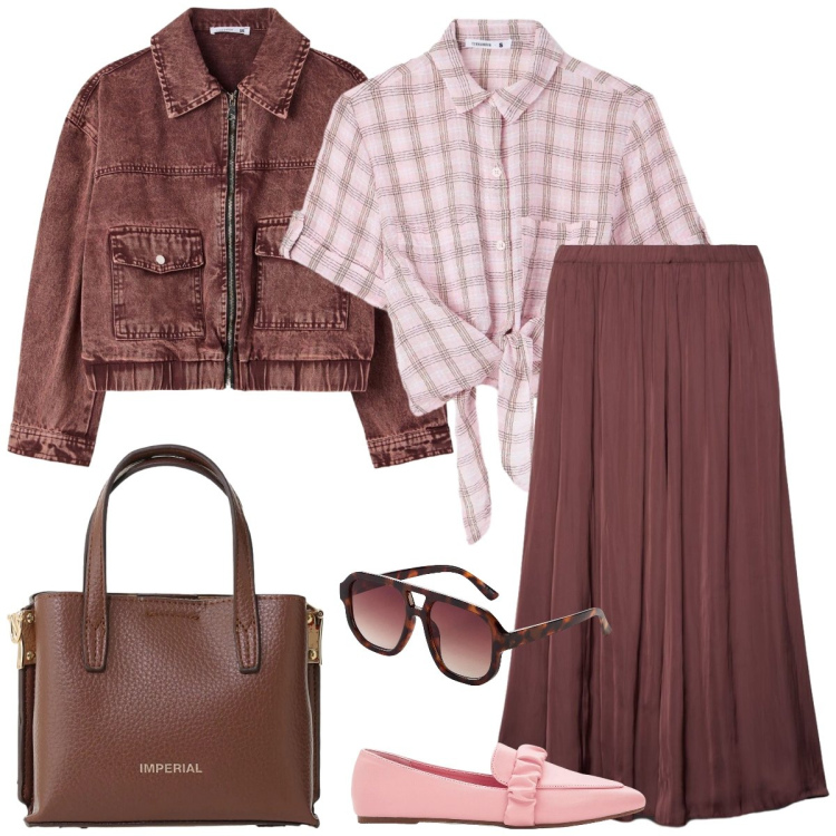 Outfit donna - Passeggiata. Stile Casual per Tutti i giorni. Abbinamento con mocassini, occhiali da sole, gonne longuette, camicie a manica corta, bomber, borse a tracolla.