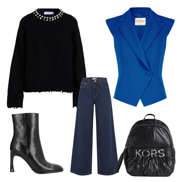 Outfit donna - Indaco per la primavera. Stile Casual chic per Tutti i giorni. Abbinamento con zaini, pullovers, stivaletti, gilet, jeans.