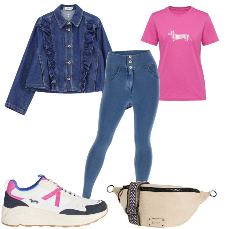 Outfit donna - Total look #2391063. Stile Basic per Tutti i giorni. Abbinamento con marsupi, blazer, sneakers, t-shirt, jeggings.