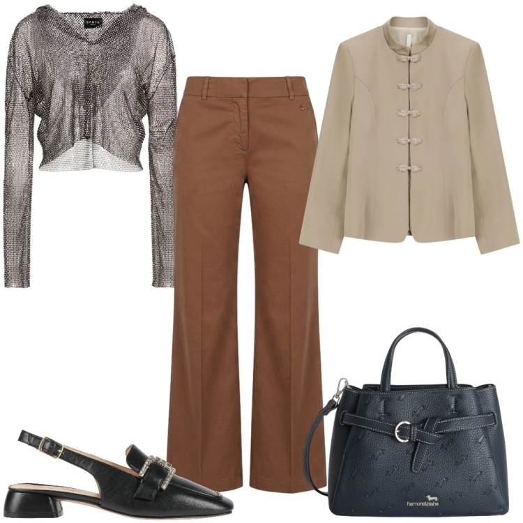 Outfit donna - Total look #2391065. Stile Trendy per Tutti i giorni. Abbinamento con décolleté, top, blazer, borse a mano, pantaloni.