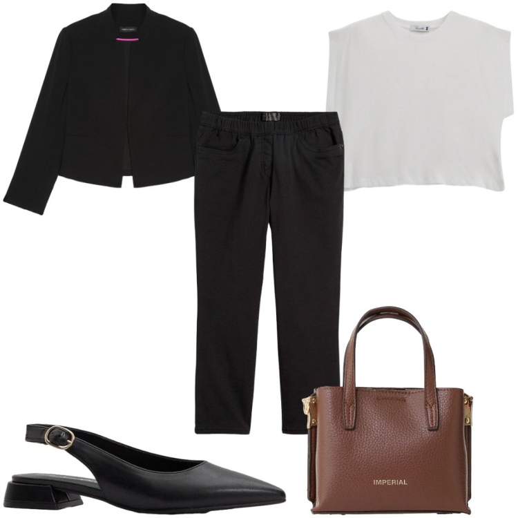 Outfit donna - Total look #2391070. Stile Minimal per Ufficio. Abbinamento con pantaloni, ballerine, borse a tracolla, blazer, top.