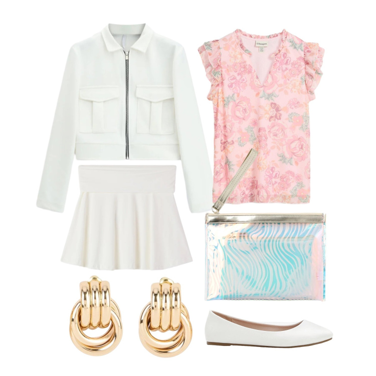 Outfit donna - Aprile. Stile Romantica per Tutti i giorni. Abbinamento con ballerine, orecchini, bluse, pochette, minigonne, cappotti.