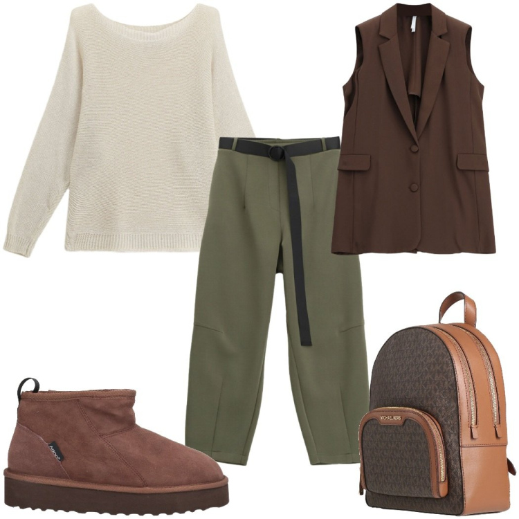 Outfit donna - Total look #2391074. Stile Casual per Tutti i giorni. Abbinamento con zaini, stivaletti, maglieria, pantaloni, gilet.