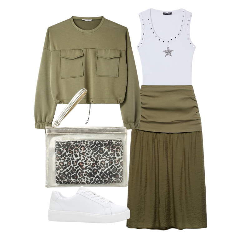 Outfit donna - Aprile. Stile Military per Tutti i giorni. Abbinamento con sneakers, gonne longuette, pochette, top, felpe.