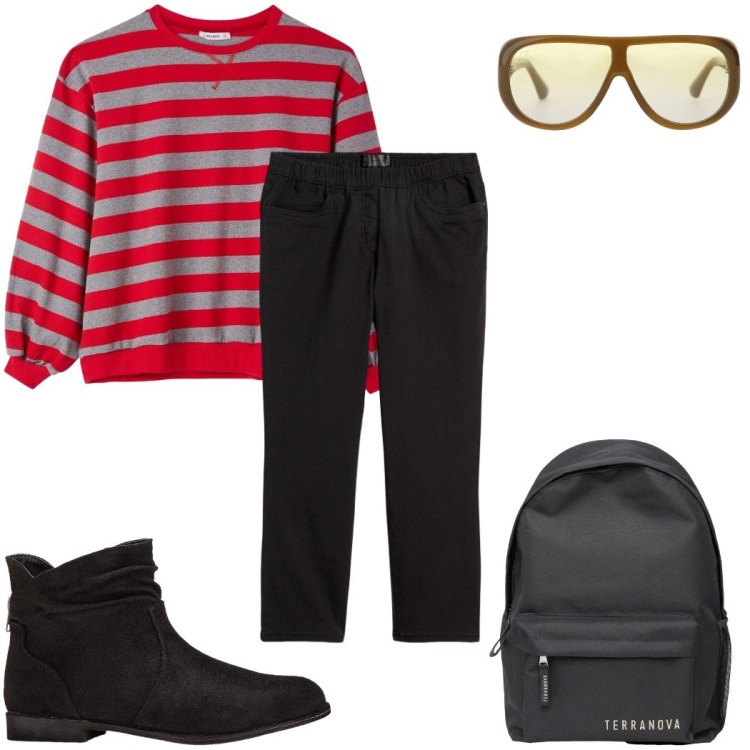 Outfit donna - Total look #2391076. Stile Basic per Scuola/Università. Abbinamento con stivaletti, pantaloni, zaini, t-shirt, occhiali da sole.