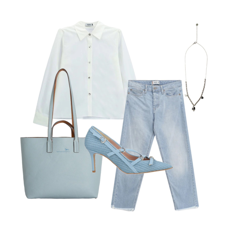 Outfit donna - Aprile. Stile Basic per Tutti i giorni. Abbinamento con décolleté, jeans, camicie, shopping bag, ciondoli.