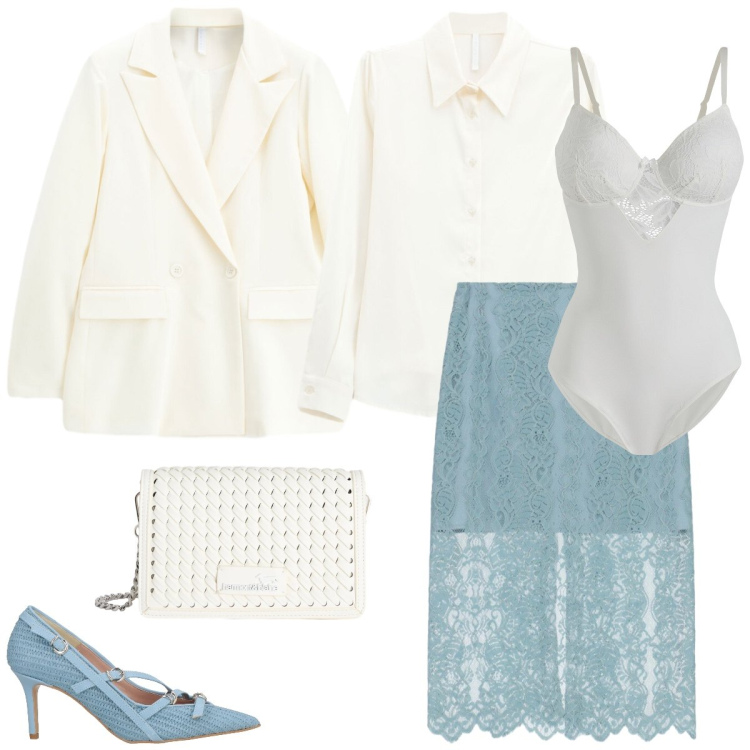 Outfit donna - Cerimonia di primavera. Stile Chic per Cerimonia. Abbinamento con décolleté, body, blazer, camicie, gonne longuette, borse a tracolla.
