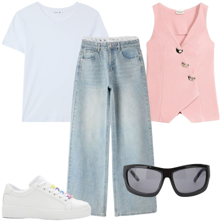Outfit donna - Urban Candy. Stile Casual chic per Tutti i giorni. Abbinamento con blazer, sneakers, t-shirt, jeans, occhiali da sole.