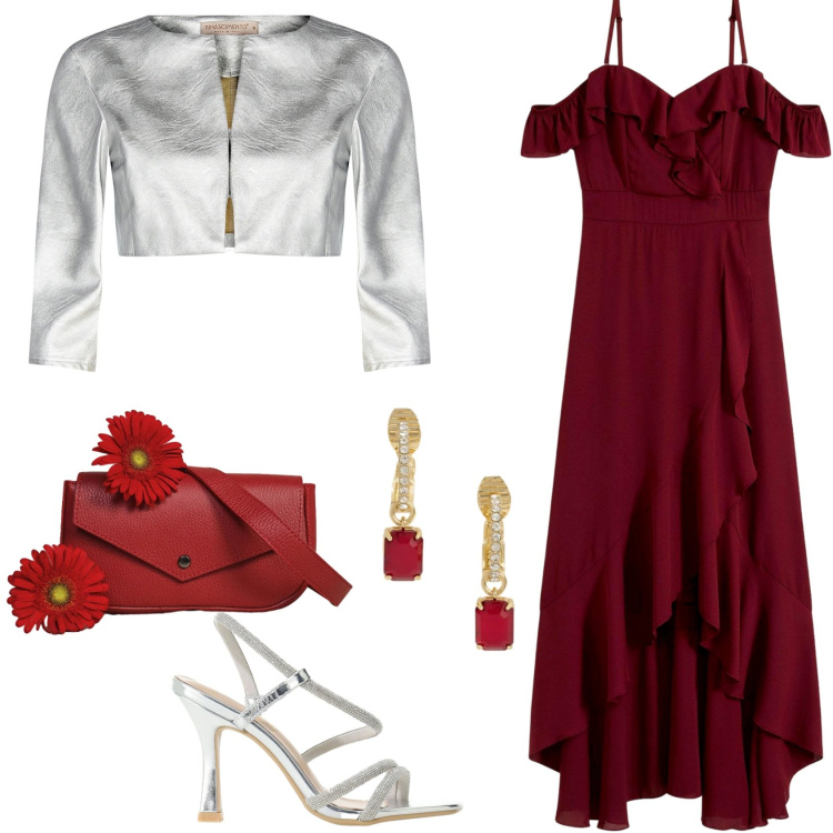 Outfit donna - Bordeaux e Argento. Stile Chic per Cerimonia. Abbinamento con vestiti, sandali col tacco, bolero, borse a tracolla, orecchini.