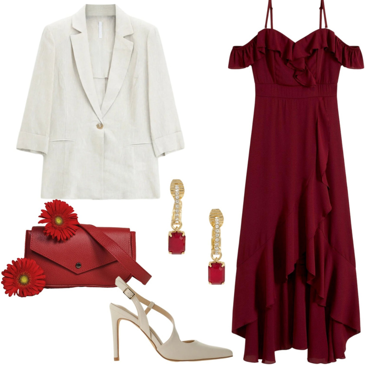 Outfit donna - Cena di gala. Stile Chic per Cerimonia. Abbinamento con vestiti, décolleté, blazer, borse a tracolla, orecchini.