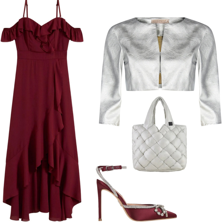 Outfit donna - Mi piace chi osa... Bordeaux e Argento. Stile Chic per Cerimonia. Abbinamento con décolleté, vestiti, bolero, borse tote.