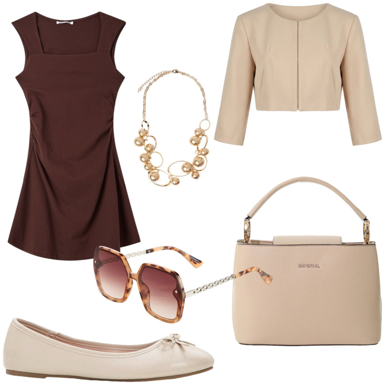 Outfit donna - Accendi il look con il trend cioccolato. Stile Chic per Tutti i giorni. Abbinamento con ballerine, occhiali da sole, vestiti corti, borse a secchiello, bolero, collane.