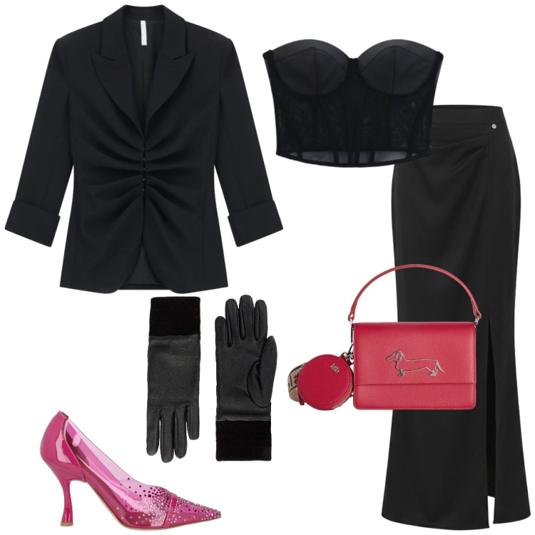 Outfit donna - Serata a due. Stile Sexy per Serata fuori. Abbinamento con guanti, décolleté, blazer, top, gonne lunghe, borse a tracolla.