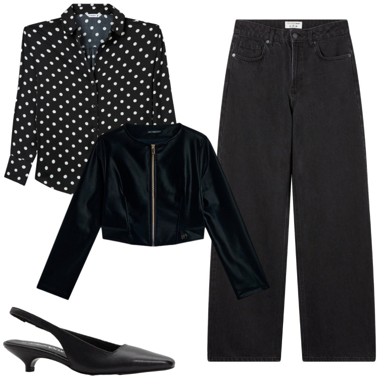Outfit donna - Parisian Night: Pois e Grinta. Stile Casual chic per Serata fuori. Abbinamento con décolleté, camicie, jeans, blazer.