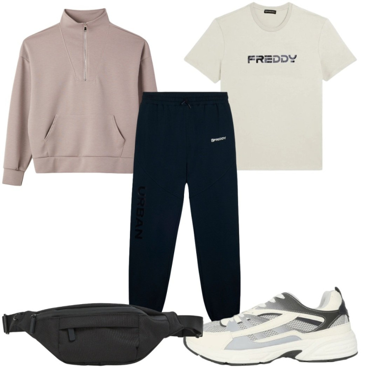 Outfit uomo - Total look #2391096. Stile Trendy per Sport. Abbinamento con sneakers, felpe, borse sportive, pantaloni, t-shirt.