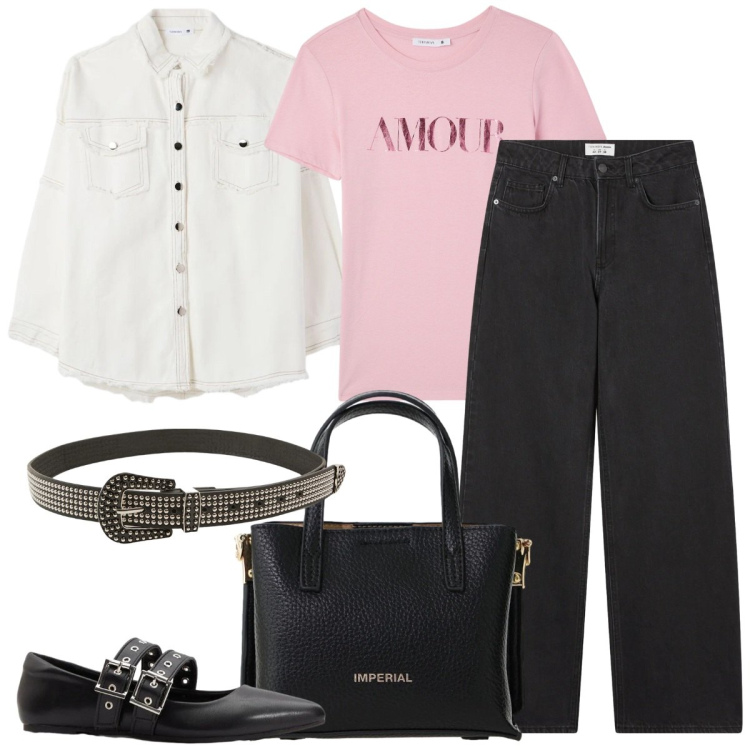 Outfit donna - Total look #2391097. Stile Casual chic per Tutti i giorni. Abbinamento con ballerine, t-shirt, cinture, jeans, cappotti, borse a tracolla.