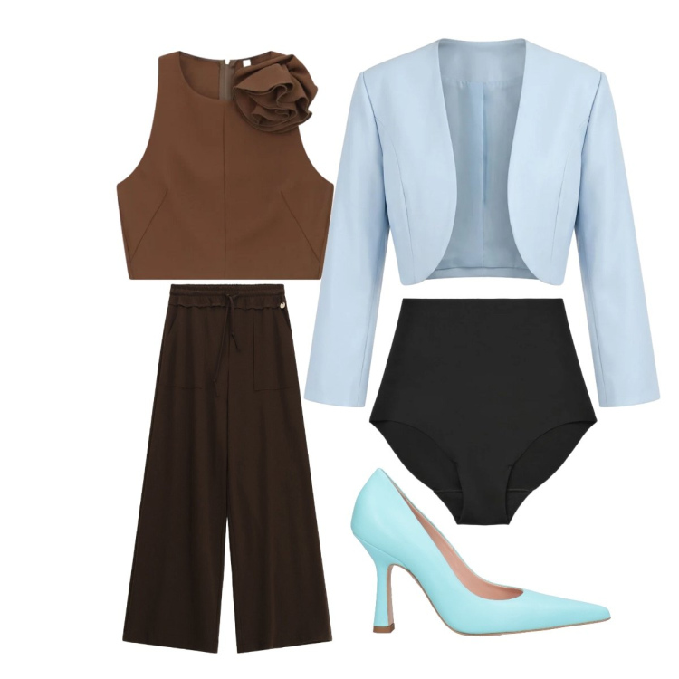Outfit donna - terra fiorata e azzurro cielo. Stile Bon Ton per Cerimonia. Abbinamento con décolleté, culotte, top, pantaloni a palazzo, bolero.