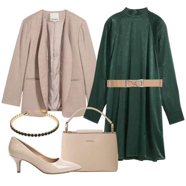 Outfit donna - Aprile in verde. Stile Bon Ton per Tutti i giorni. Abbinamento con blazer, vestiti, décolleté, cinture, borse a secchiello, braccialetti.