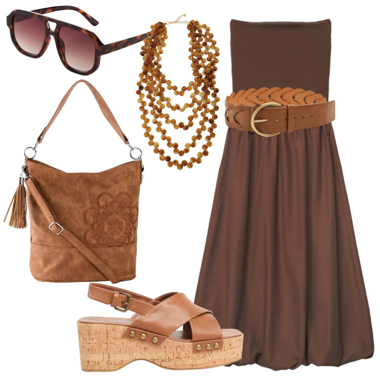 Outfit donna - Boho vintage. Stile Boho per Tutti i giorni. Abbinamento con occhiali da sole, zeppe, borse a mano, cinture, vestiti midi/longuette, collane.