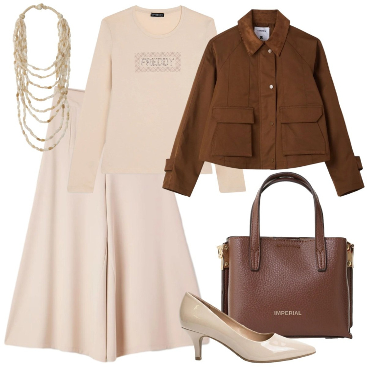 Outfit donna - Pantaloni-gonna beige chiaro. Stile Casual chic per Ufficio. Abbinamento con décolleté, cappotti, pantaloni, borse a tracolla, collane, t-shirt.