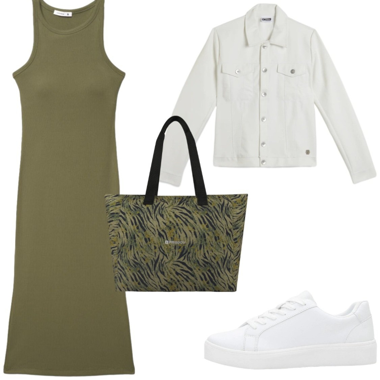 Outfit donna - Minimalismo chic. Stile Casual chic per Tutti i giorni. Abbinamento con sneakers, vestiti midi/longuette, giacche, shopping bag.