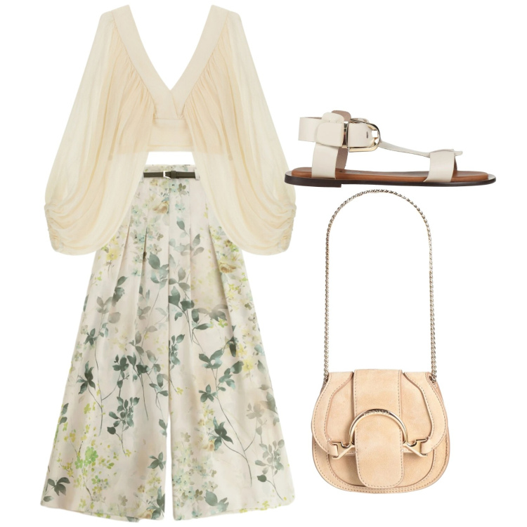 Outfit donna - Primavera. Stile Bon Ton per Serata fuori. Abbinamento con marsupi, sandali alla schiava, pantaloni a palazzo, top.