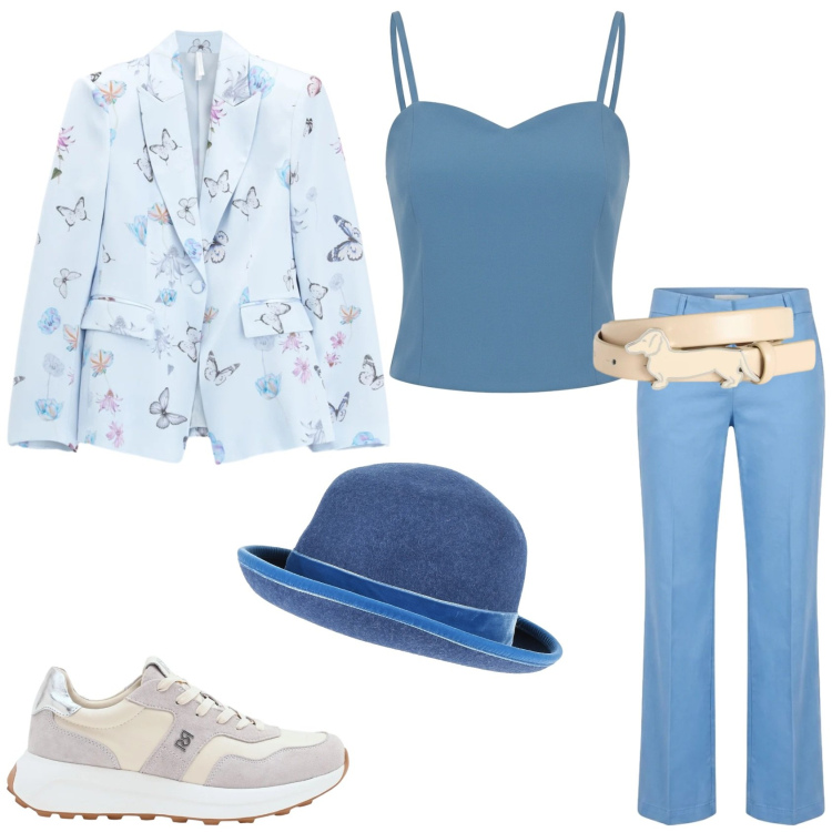 Outfit donna - Primavera 2026. Stile Casual chic per Tutti i giorni. Abbinamento con cappelli, blazer, canottiere, sneakers, cinture, pantaloni.