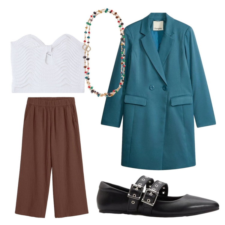 Outfit donna - evento primaverile. Stile Casual chic per Cerimonia. Abbinamento con blazer, ballerine, pantaloni, top, collane.