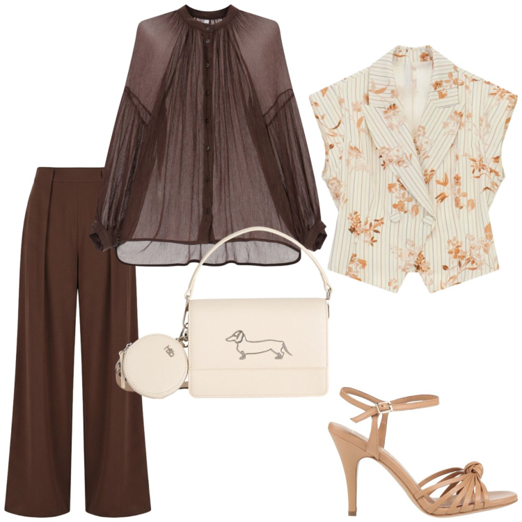 Outfit donna - In primavera. Stile Glamour per Serata fuori. Abbinamento con sandali in pelle, gilet, camicie, pantaloni a palazzo, borse a tracolla.