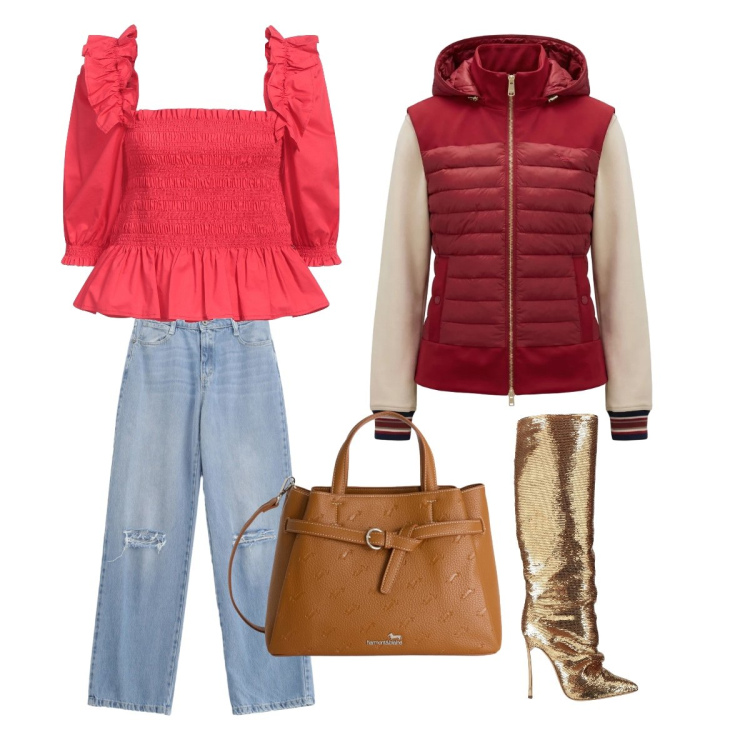 Outfit donna - Aprile. Stile Vintage retrò per Serata fuori. Abbinamento con stivali, top, jeans strappati, borse a mano, piumini.