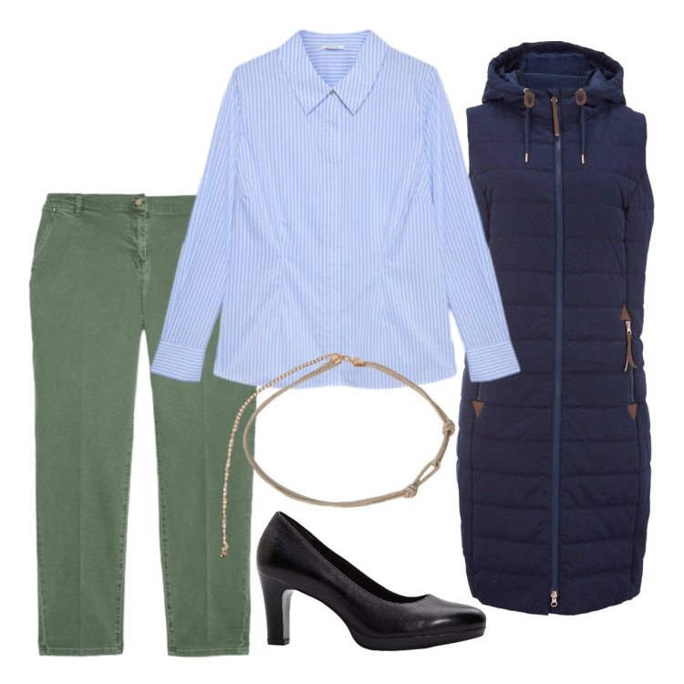 Outfit donna - Ufficio aprile. Stile Casual chic per Ufficio. Abbinamento con décolleté, gilet, cinture, pantaloni chino, camicie.